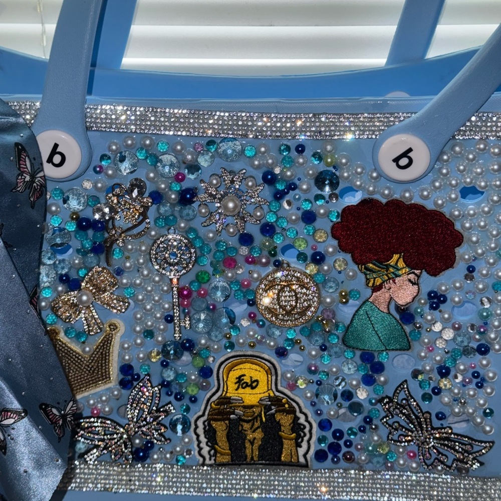 Embellished Blue Tote with Colorful Beads and Patches